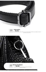 Détail de la boucle réglable et ferrures argentées sur sac noir en cuir embossé crocodile