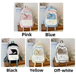 Collage showing lightweight school backpacks in five pastel colors with cute cloud illustrations