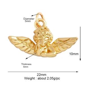 Detailed view of a gold angel pendant showing dimensions 10mm height and 22mm width