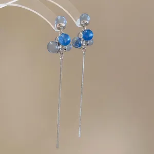 Elegant long fringe tassel earrings with gradient blue resin beads and silver chains