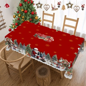 Detail showing Merry Christmas lettering and festive Santa illustration on red tablecloth