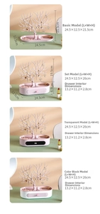 Detailed size chart for deer antler jewelry stand with drawer dimensions and models