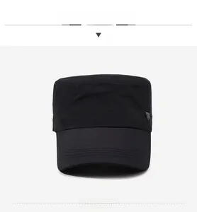 Front view of black flat top military cap with metal shield badge and stitching detail