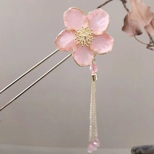 Elegant vintage pink peach blossom hair pin with metal tassels for Hanfu accessories