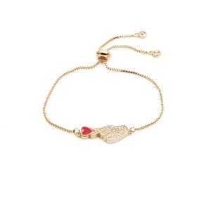 Adjustable gold bracelet with zircon hand heart pendant and red enamel detail