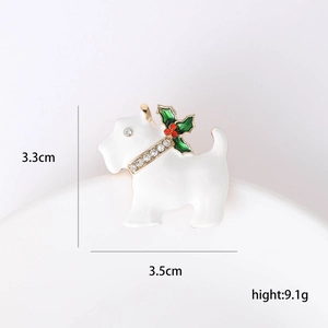 Minimalist Scottish Terrier Christmas brooch in white enamel with green leaf and red berries