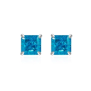 Square cut blue carbon diamond stud earrings in S925 silver with four-prong setting