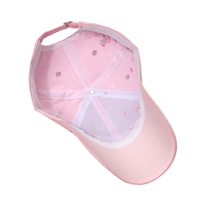 Detailed interior of pink baseball cap with reinforced stitching and cotton lining