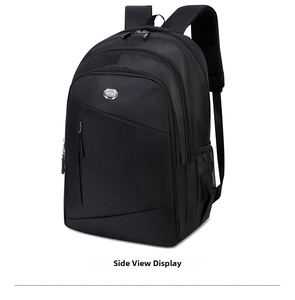 Detail view of the black multi-pocket business backpack with a metallic Sport logo