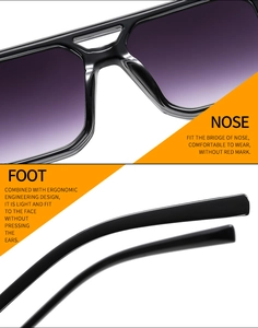 Detail of ergonomic nose pads and temples on these stylish black gradient sunglasses