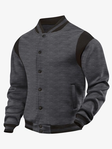 Close-up of varsity jacket with grey marl fabric, black panels and striped ribbed collar