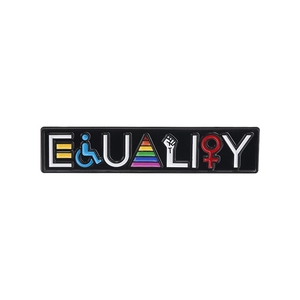 Equality enamel pin badge with rainbow stripes and social justice symbols on white background