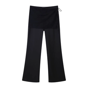 Damen Hose Mit Hoher Taille Und Weitem Bein Mit Spitzen-Patchwork Wickelgürtel Sexy Elegante Schwarze Lange Hose