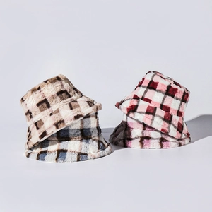 Chapeau Bob En Peluche À Carreaux Fausse Fourrure Chaud Hiver Élégant Motif À Carreaux Pour Femmes Hommes Doux