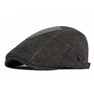 Retro grey wool herringbone newsboy cap for men with adjustable side metal buckle clasp