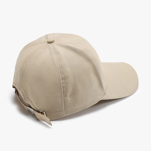 Rear view of a beige cotton baseball cap with adjustable metal buckle and strap