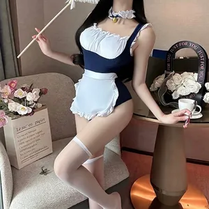 Costume de soubrette sexy avec body bleu marine et tablier blanc pour cosplay