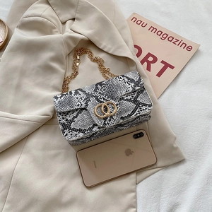 Fashionable snake skin print crossbody bag with gold chain strap on beige blazer