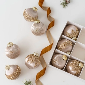 Champagne gold Christmas ball ornament set with sequins and silk texture for holiday decor