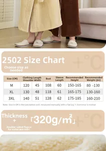 Detailed size chart for coral fleece bathrobe showing measurements for M XL and 3XL sizes