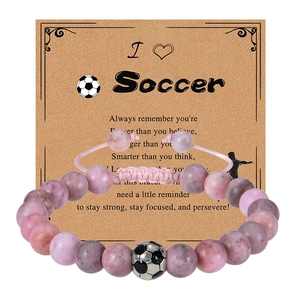 Bracciale Con Perline In Pietra Zebra Rosa Con Ciondoli A Tema Sportivo Corda Intrecciata Regolabile Con Carta Ispiratrice