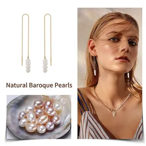 Elegant S925 silver gold drop earrings with natural baroque pearls and box chain