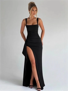 Elegant black square neck evening gown with high slit and slim fit pleated waist