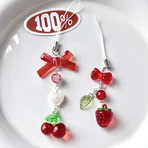 Handmade Beaded Keychain Cherry Strawberry Resin Bow Heart Pendant Phone Charm Bag Accessories Sweet Cute Aesthetic