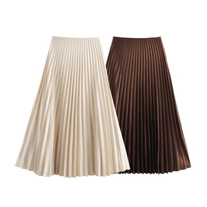 High Waist Pleated Midi Skirt Satin A-Line Elegant Solid Color Chic Office Party Bottom For Women