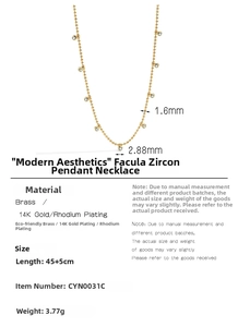 Detail specifications of 14K gold plated zircon bead necklace with measurements and weight