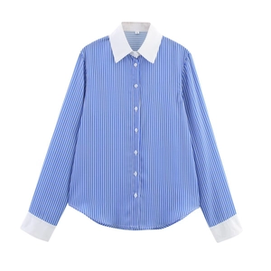 Women Striped Long Sleeve Button Down Shirt Polyester Contrast Lapel Casual Blouse