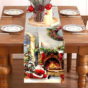 Christmas table runner with Santa Claus and fireplace motifs on a rustic wooden table