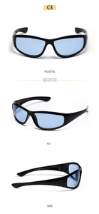 Three-angle view of sports sunglasses with black frames and light blue lenses