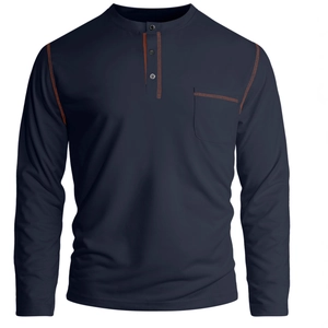 Men's navy blue long sleeve Henley shirt with orange contrast stitching and chest pocket