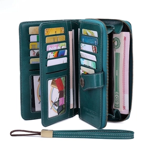 Women Vintage RFID Blocking Long Wallet PU Leather Large Capacity Zipper Purse Clutch With Multiple Card Slots Wristlet Strap