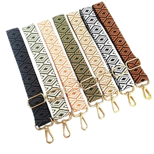 Adjustable Bag Shoulder Strap Wide Polyester Woven Replacement Belt Ethnic Geometric Diamond Embroidery Crossbody Metal Buckles