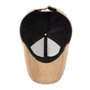 Khaki teddy fleece baseball cap with soft lamb wool texture and metal adjustable buckle