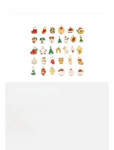 Detailed macro view of 25 assorted Christmas stainless steel enamel pendants with gold finish