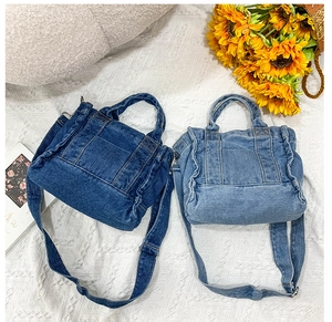 Detailed comparison of vintage denim tote bags in dark and light blue wash textures