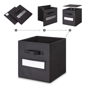 Three-step assembly process of foldable black fabric storage box with handle and label window
