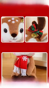 Detail of Christmas reindeer plush with embroidery, metal bell and festive scarf