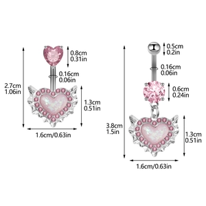Pink heart belly button rings with cubic zirconia and silver stainless steel dimensions