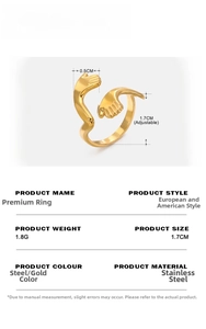 Detailed size specifications for gold hug ring showing 1.7cm adjustable diameter and 1.8g weight