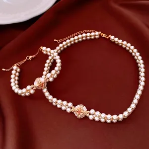 Double Strand Faux Artificial Pearl Necklace And Bracelet Vintage Gold Plated Copper Jewelry With Square Gemstone Zircon For Women