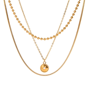 Three-layer gold stainless steel necklace with beads, box chain and crystal pendant