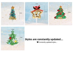 Detail of Christmas cake toppers featuring trees, stars, and glittery snowflakes