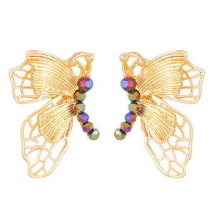 Golden hollow butterfly stud earrings with colorful iridescent beads on white background