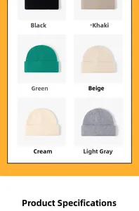 Detail view of winter knitted beanies in black, khaki, green, beige, cream and grey
