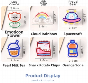 Macro display of cute acrylic clips featuring flower, rainbow and snack designs for home