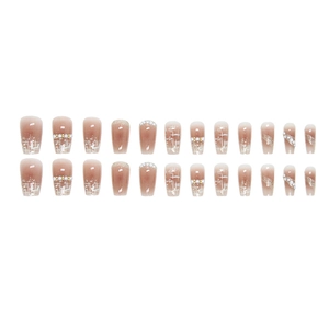 Pink gradient press-on nails with pearls, rhinestones and ballet trapezoid shape
